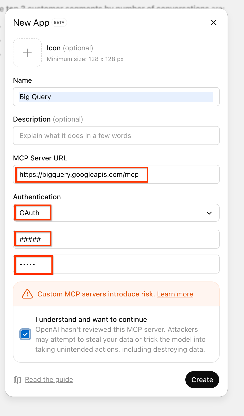 ChatGPT Create App configuration
